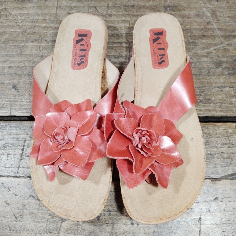 KORKS Kork Ease Shoes 9M Red Leather Flower Slide Sandals Flip Flop